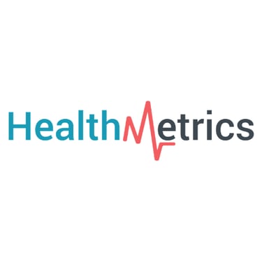 HealthMetrics logo featuring a red heartbeat pulse line integrated into the brand name text.