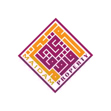 Maidam Property logo featuring purple and orange Kufic calligraphy inside a diamond shape.