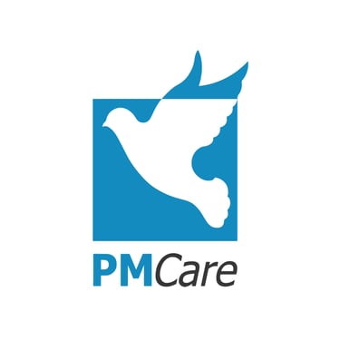 PMCare logo featuring a white dove silhouette in flight over a blue square.