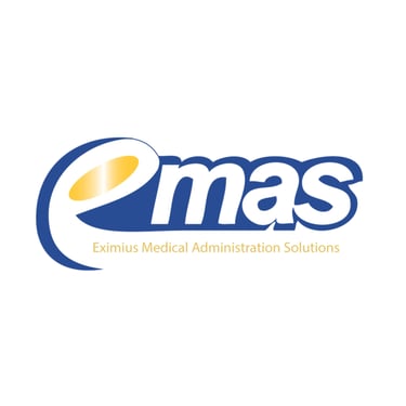 Eximius Medical Administration Solutions EMAS logo in blue and gold branding.