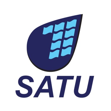 Official SATU logo featuring a navy blue water droplet icon and light blue waves forming the number one.