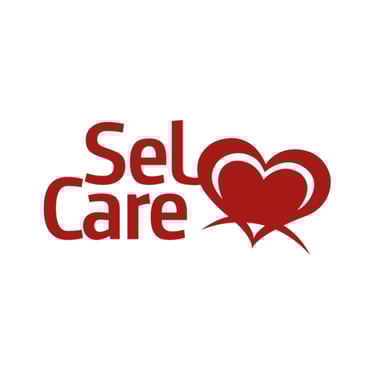 Sel Care logo in dark red featuring text and a layered heart symbol for healthcare branding.