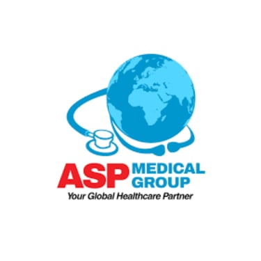 ASP Medical Group logo featuring a blue globe wrapped in a stethoscope with global healthcare partner text.