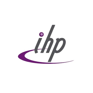 IHP corporate logo featuring gray italic lowercase letters with a purple swoosh and dot.