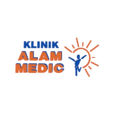 Klinik Alam Medic logo featuring blue and orange text with a person icon and sun graphic.