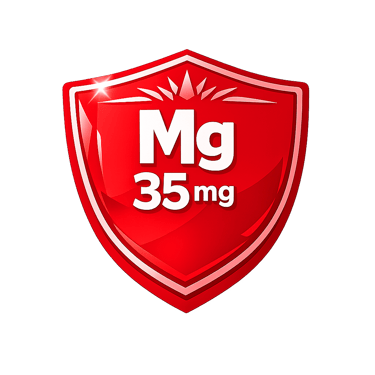 Red glossy shield icon showing Mg 35mg magnesium mineral supplement dosage