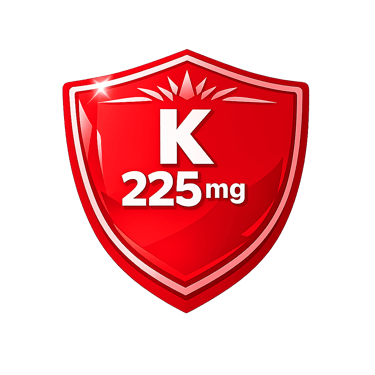 Red shield icon representing Vitamin K 225mg dosage for nutritional supplement immune support.