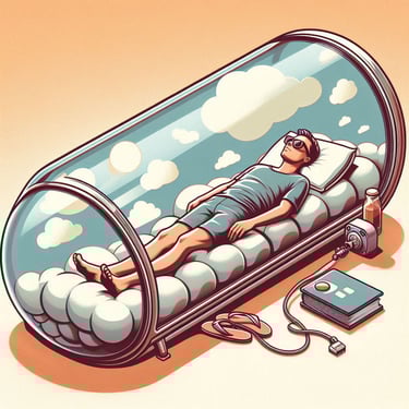 Homme allongé dans un cylindre vitré avec un matelas nuage des lunettes de soleil, très détendu.