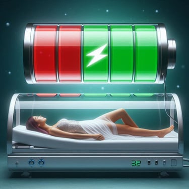 Femme dans un caisson cylindrique vitré avec une grande pile au-dessus symbolisant la revitalisation