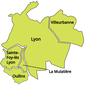 Carte situant Lyon, Villeurbanne, Oullins, Sainte-Foy-lès-Lyon et La Mulatière