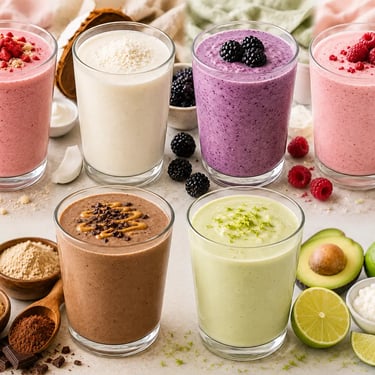 A variety of colorful healthy fruit smoothies in glasses featuring berry, chocolate, and avocado flavors.