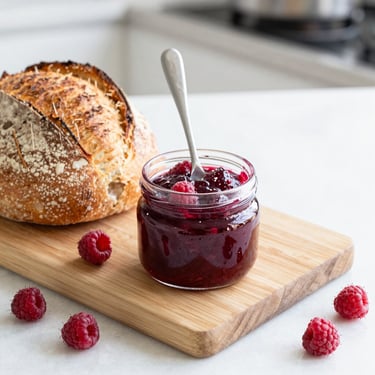 A glass jar of homemade raspberry jam with a spoon beside a crusty loaf of sourdough bread.