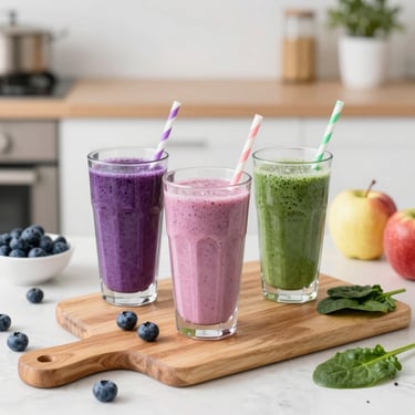 Three colorful fruit smoothies in tall glasses with straws on a wooden board in a modern kitchen.