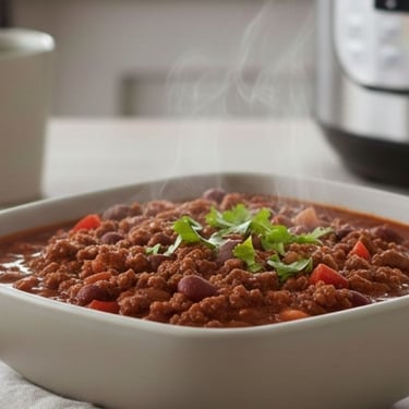 ceramic bowl of debbie's everyday pantry chili