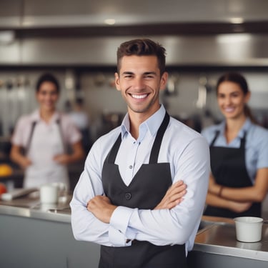 happy restaurant manager with employees