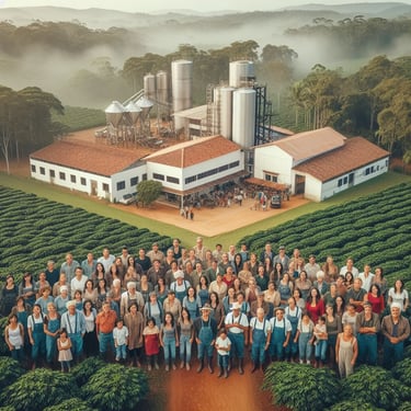 Personal de la fábrica de café posando en el campo.