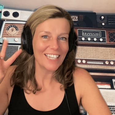 a woman with headphones and headphones on a wall