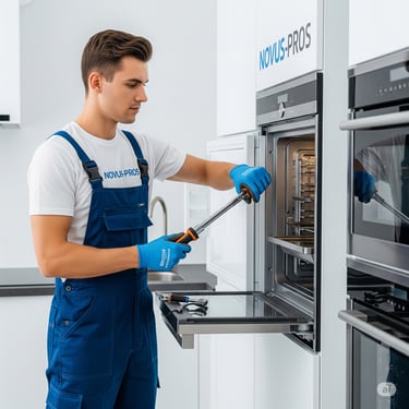A Novus-Pros technician in blue overalls and gloves is using a tool to repair an oven 