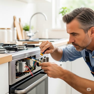 a man in a blue shirt is fixing a stove top