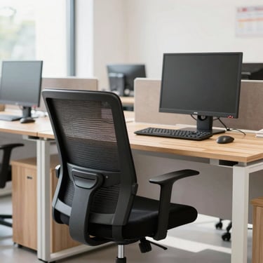 Bright clean commercial photography of a modern office setup with an ergonomic mesh chair and a clean wooden desk, bright showroom setting, natural daylight, crisp details, 35mm lens.