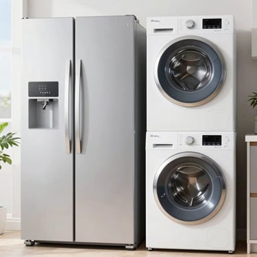 Bright clean commercial photography of a modern double-door refrigerator and automatic washing machine side-by-side in a well-lit Dubai showroom, natural daylight, crisp details, 35mm lens.