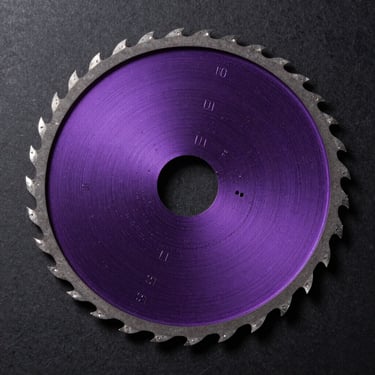 Extreme macro overhead view of a 10 inch TROOX circular saw blade, precision carbide tooth edges in sharp studio focus, metallic deep violet body with laser-etched size markings, controlled strobe lighting on matte black surface