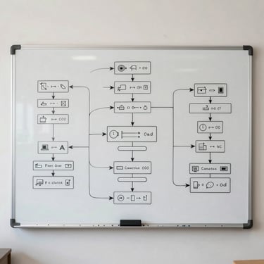 Structured whiteboard with technical project flowcharts, clean architectural lighting, medium shot of system architecture diagrams.