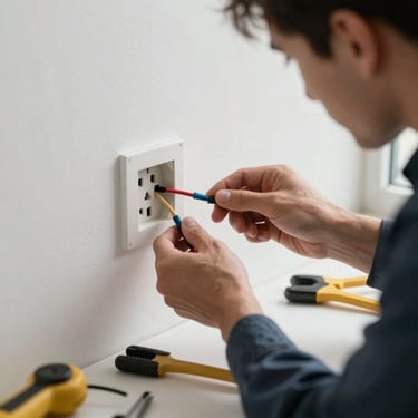 Close-up of an electrician's hands connecting wires inside a wall outlet, tools visible on a clean white surface below, natural daylight from a nearby window
