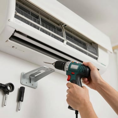 Close-up of hands installing a wall-mounted air conditioning unit bracket, drill and hardware on a clean surface beside it, natural daylight