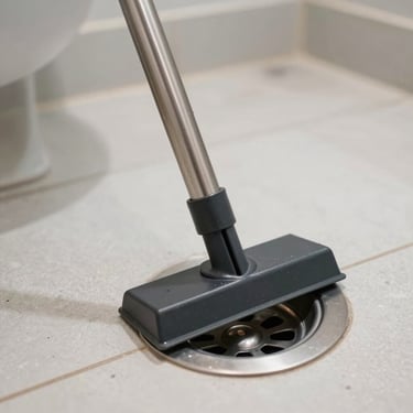 Close-up of a drain being cleared with a professional plunger tool, clean tiled bathroom floor, bright overhead light