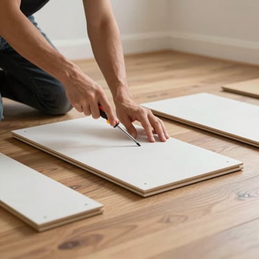 Hands assembling flat-pack furniture with a screwdriver on a wooden floor, components laid out neatly, clean interior space, soft daylight