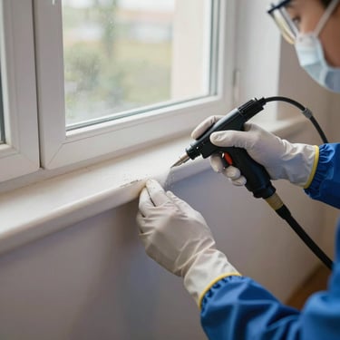 Professional pest control technician's gloved hands applying treatment along a skirting board, clean residential interior, daylight from window
