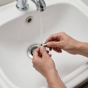 Overhead view of a plumber's hands tightening a pipe fitting under a sink, clean white basin and chrome fixtures, studio-bright natural light