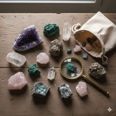 Colección de cristales sanadores y minerales brutos, como amatista y cuarzo rosa, sobre una mesa