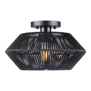 MNK-LC21 Woven Rattan Ceiling Light Fixture, Black Farmhouse Hand-Woven Cage Semi Ceiling Light
