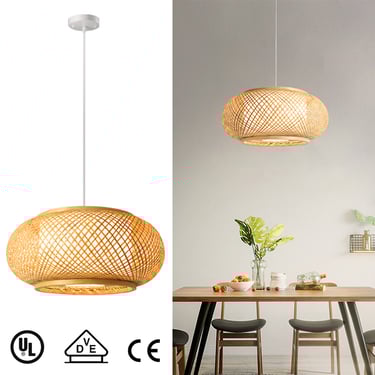 MNK-LC48 Lantern Chandelier Bamboo Wicker Pendant Light, Rattan Light Hanging Vintage Woven Lampshad