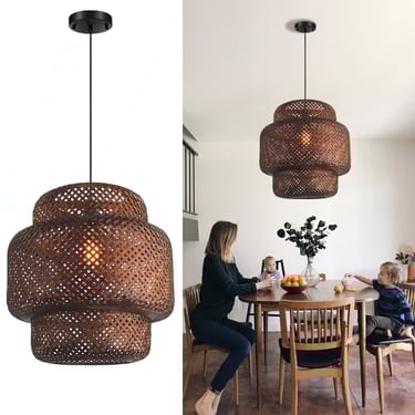 MNK-LC25 Lampada a sospensione Boho con cesto intrecciato in bambù, luce singola, in rattan