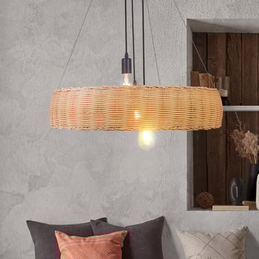 MNK-LC30 Retro-Rattan-Kreis-Lampenschirm-Pendelleuchte, festverdrahtet