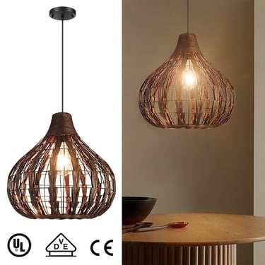 MNK-LC47 Lampe suspendue en forme de lanterne, abat-jour en bambou noir creux fabriqué à la main