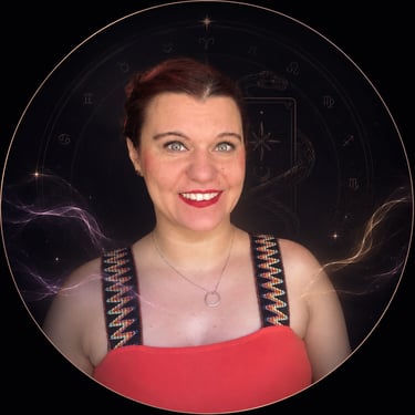 martina million woman in a red top framed by a gold zodiac wheel and celestial tarot card design.