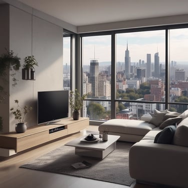 A view of the upper floors of a light-colored building with multiple windows and ornate architectural details. A red and white 'For Sale' sign with contact information is visible on the building's facade. The building is surrounded by greenery, and there are overhead utility lines. The sky above is partly cloudy with patches of blue.