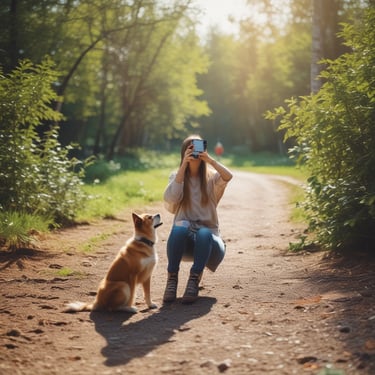 A dog sits attentively while a extends their arm to offer a treat. Another person is positioned behind the dog, and someone wearing a red hoodie is crouched in the foreground, possibly taking a photo. The background consists of a white sheet hanging on a wall, and the setting appears to be outdoors with sunlight casting shadows.