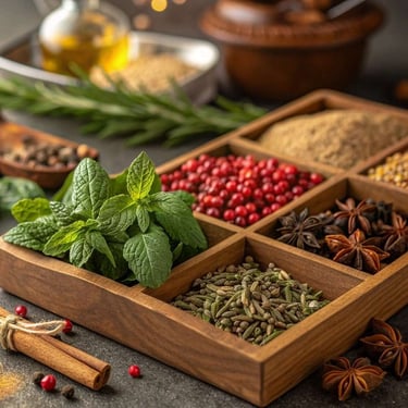 Diversidade de especiairias como anis, hortelã, zimbro e canela.