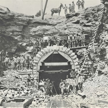 tunnel, railroad, workers, donkey, rock