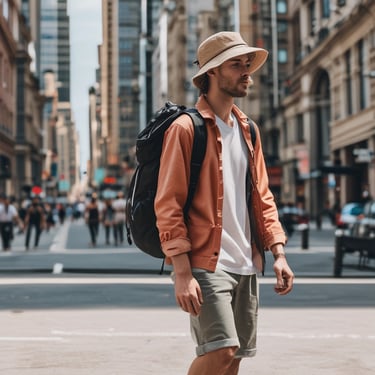 a man in a hat and a backpacker on a skateboard