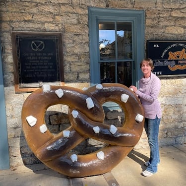 Hannah (Next Vacation Tours & Travel) at Julius Sturgis Pretzel Bakery in Lititz, Pennsylvania