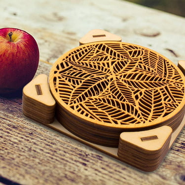 laser cut wooden palmate leaves coaster