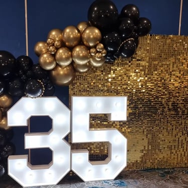 Black and gold Balloon Garland on the shimmer wall for a 35th Anniversary in Manly, Brisbane - party hire by SweetAz Co.