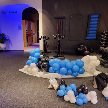 Balloon Garland constructed in Blue White in Chermside, Brisbane - party hire by SweetAz Co.