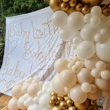 Balloon Garland created to match in Gold White in Victoriapoint, Redlands - party hire by SweetAz Co.